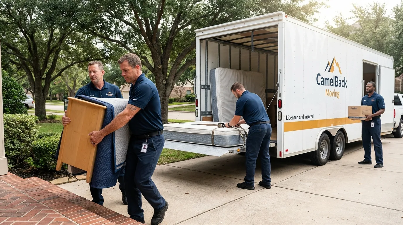 Crew loading residential truck for cross-state move from New Ulm, MN