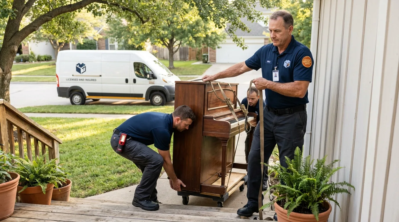 Licensed piano movers securing grand piano in New Ulm, MN