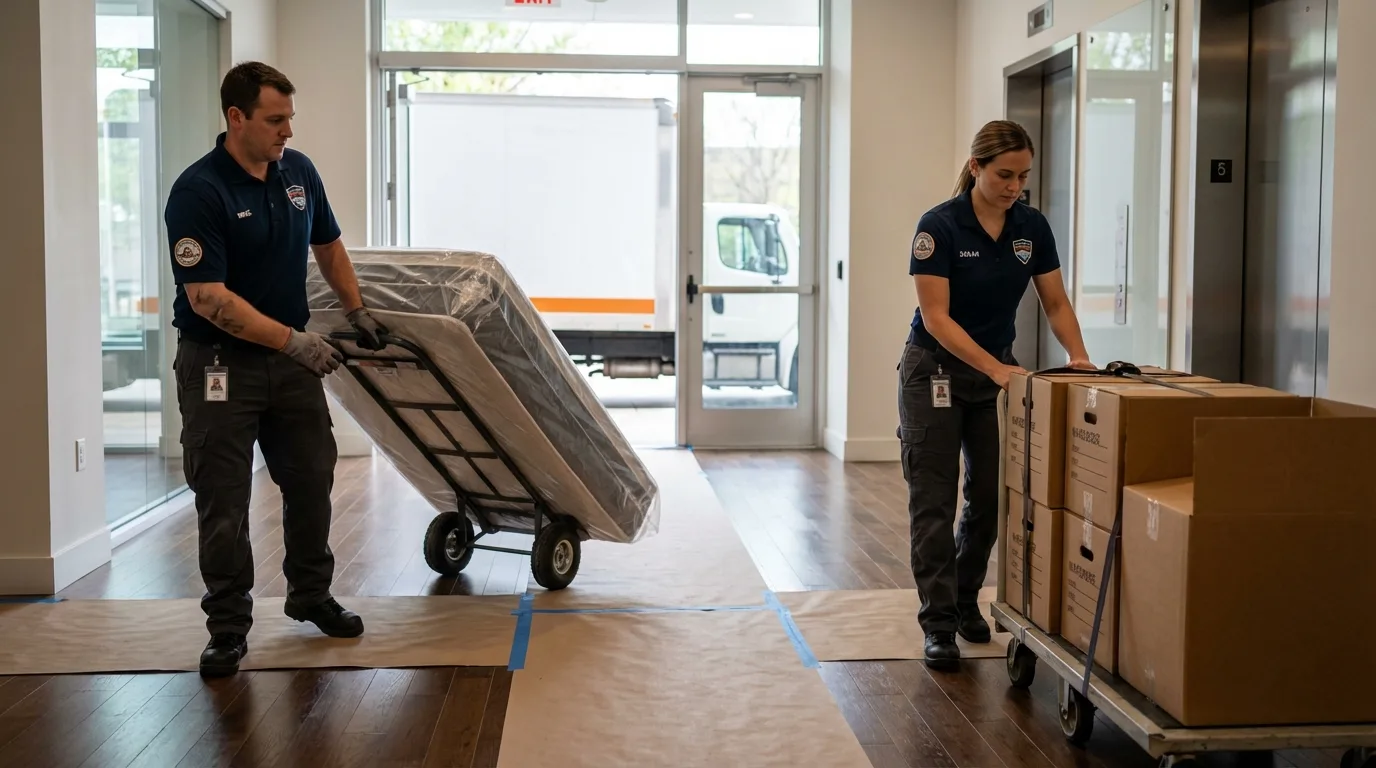 Professional apartment movers loading elevator in New Ulm, MN
