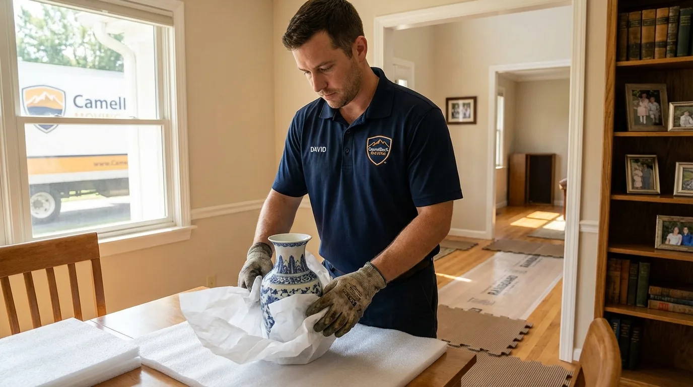 Professional crew carefully wrapping antique vase for senior downsizing move in New Ulm, MN